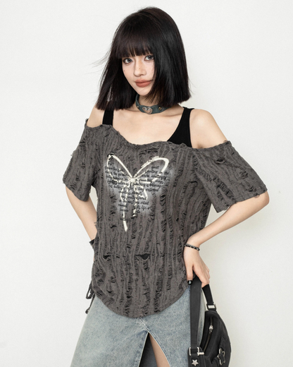 Layered Off Shoulder Damage Tops ZRS0068