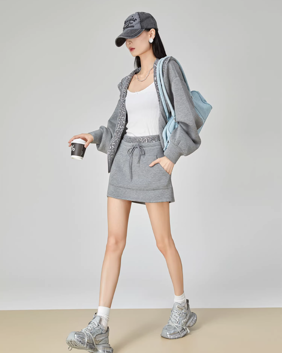 Gray Sequin Hood Jacket / A-Line Half Skirt  FER0039