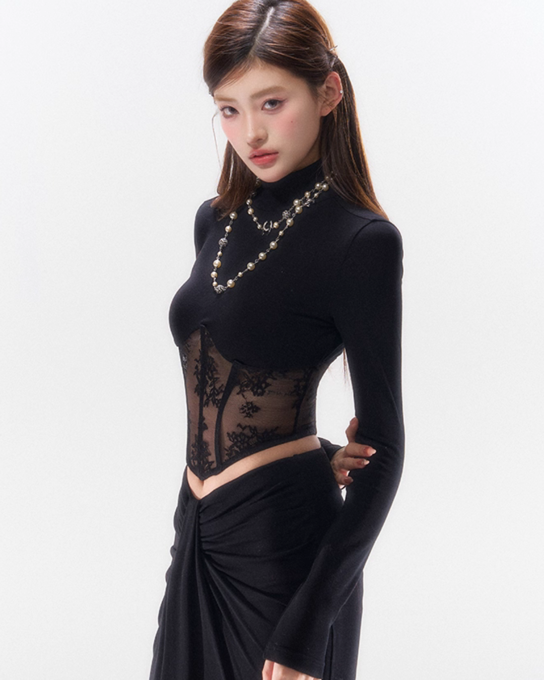 Lace Spliced ​​Waist Long Sleeve Top HID0004