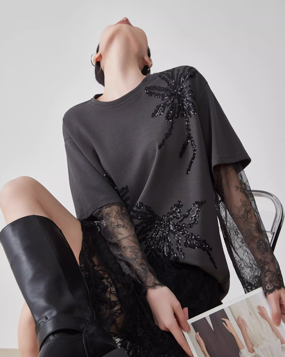 Lace Long-Sleeve Patchwork T-Shirt FER0070
