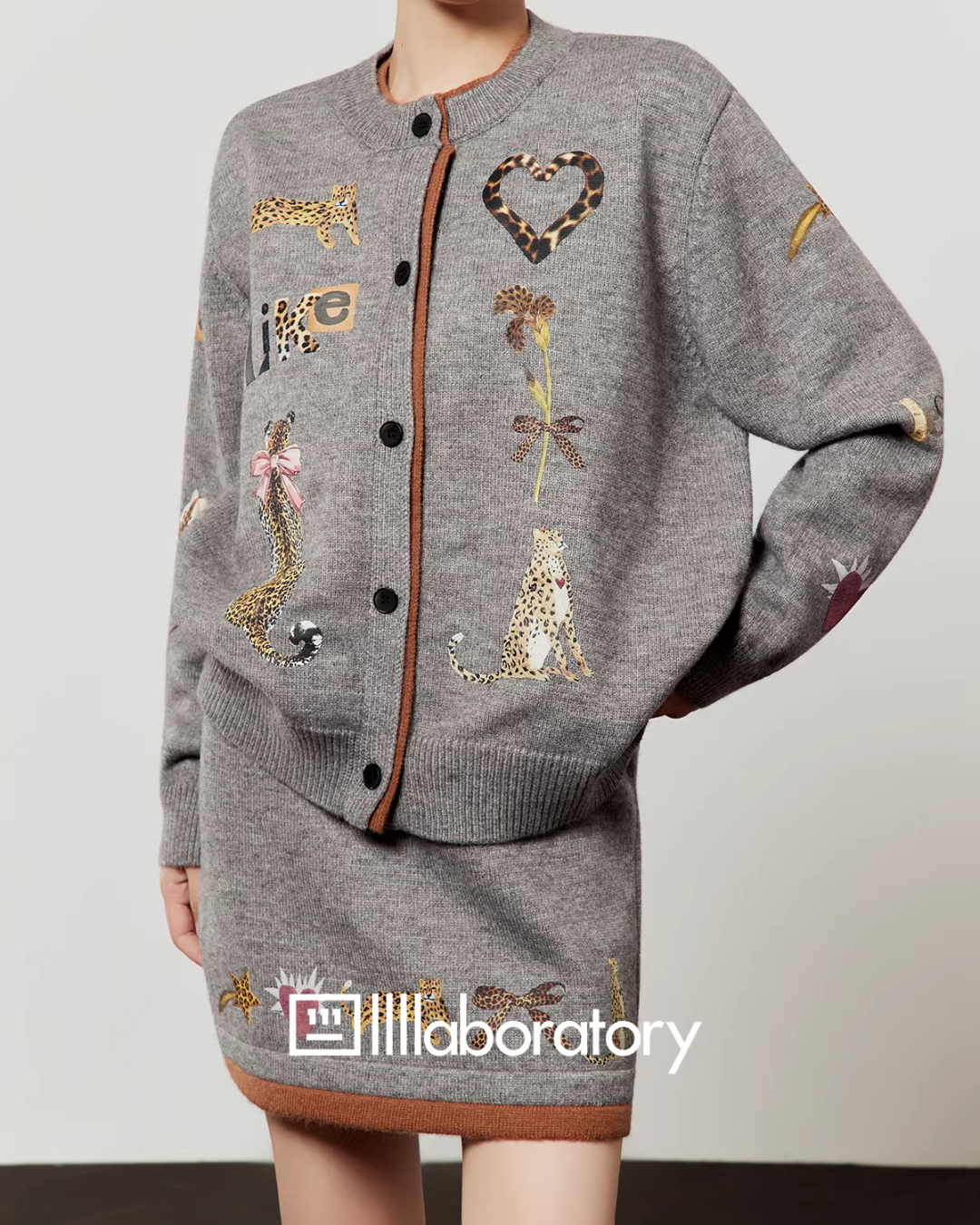 Leopard Print Gray Knit / Knit Mini Skirt LLA0638