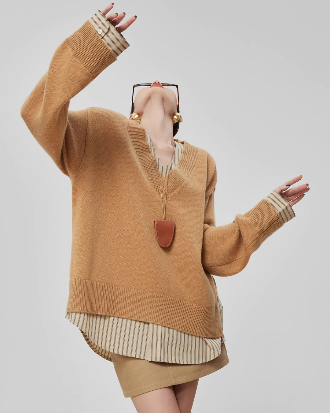 V-Neck Long Sleeve Knit Docking Shirt FER0037