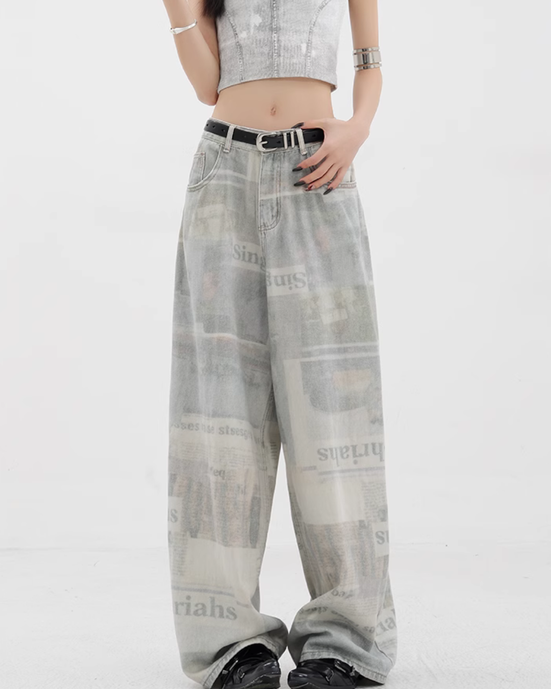 News Paper Print Wide Pants KNH0005