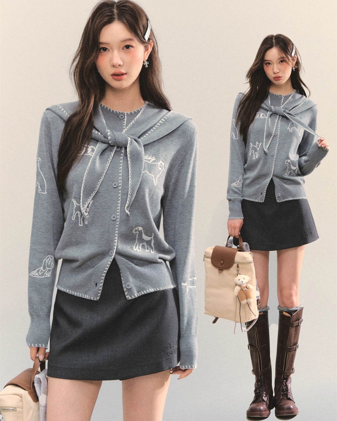 Dog Embroidery Round Neck Knit Cardigan ASG0070