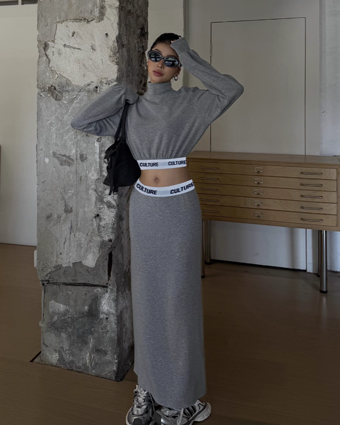 High Neck Long Sleeve Top / Mid Length Skirt ZRS0095