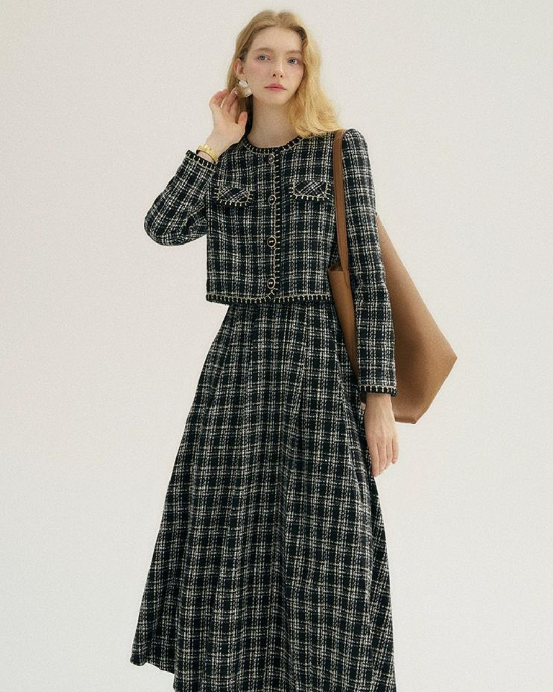 Plaid Tweed Jacket & Tweed Long Skirt SNT0010