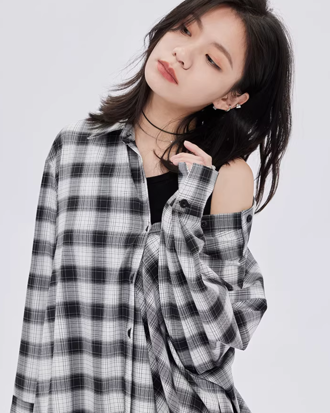 Off-Shoulder Plaid Shirt Dress SHN0049
