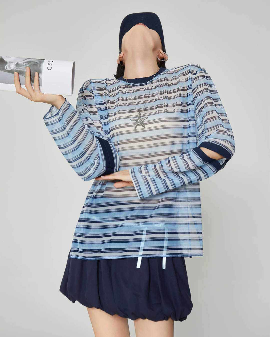 Striped Mesh Long-Sleeve T-Shirt FER0362