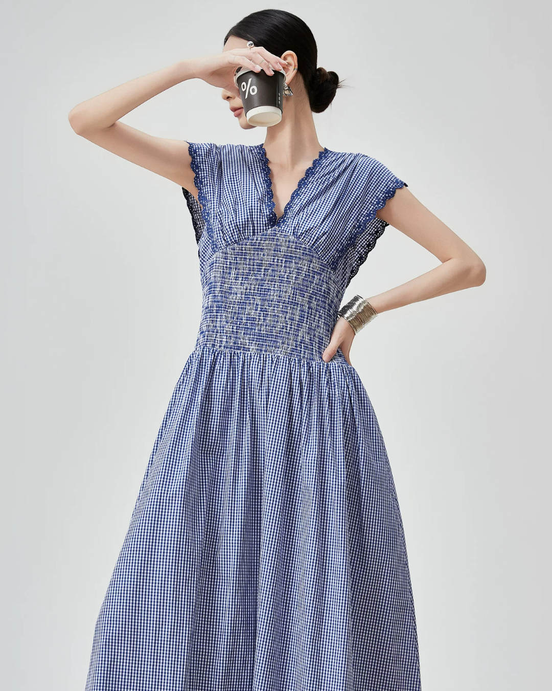 Gingham Check Shirring Long Dress FER0249