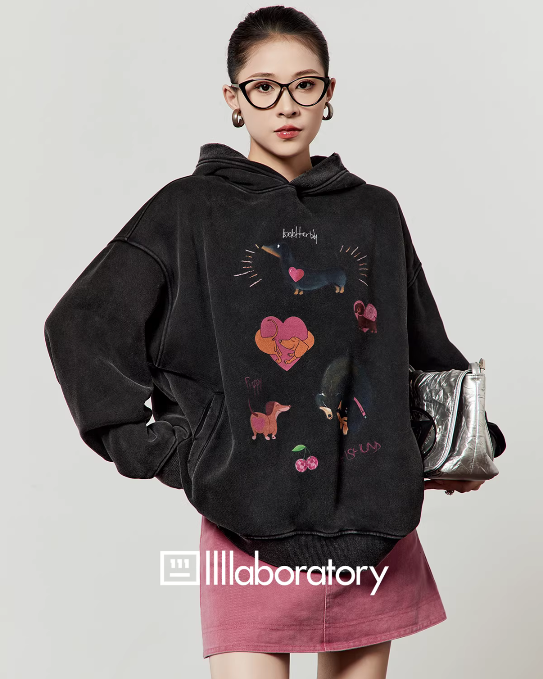 Dog Print Retro Hoodie / Pink Mini Skirt LLA0590