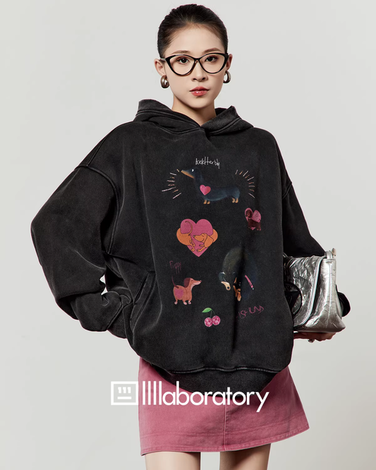 Dog Print Retro Hoodie / Pink Mini Skirt LLA0590