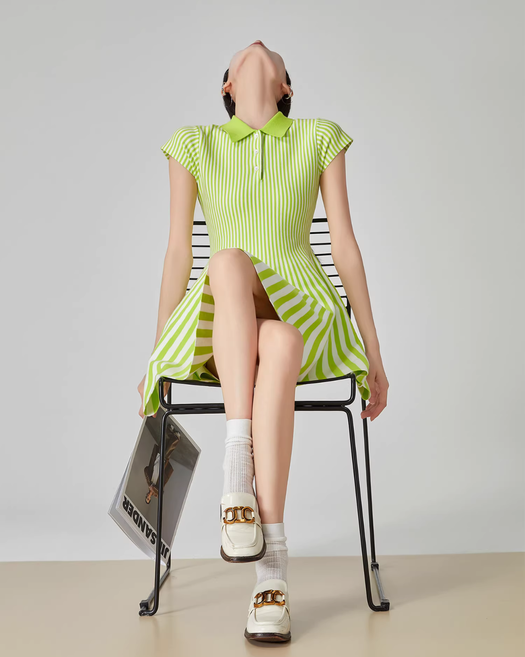 Green Striped Flare Mini Dress FER0081