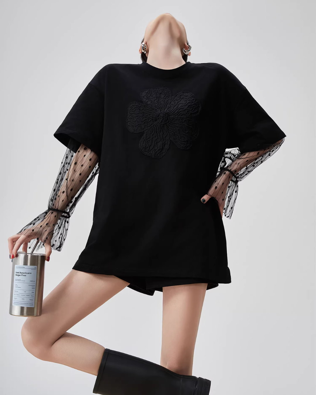 Lace Sleeve Round Neck T-Shirt FER0082