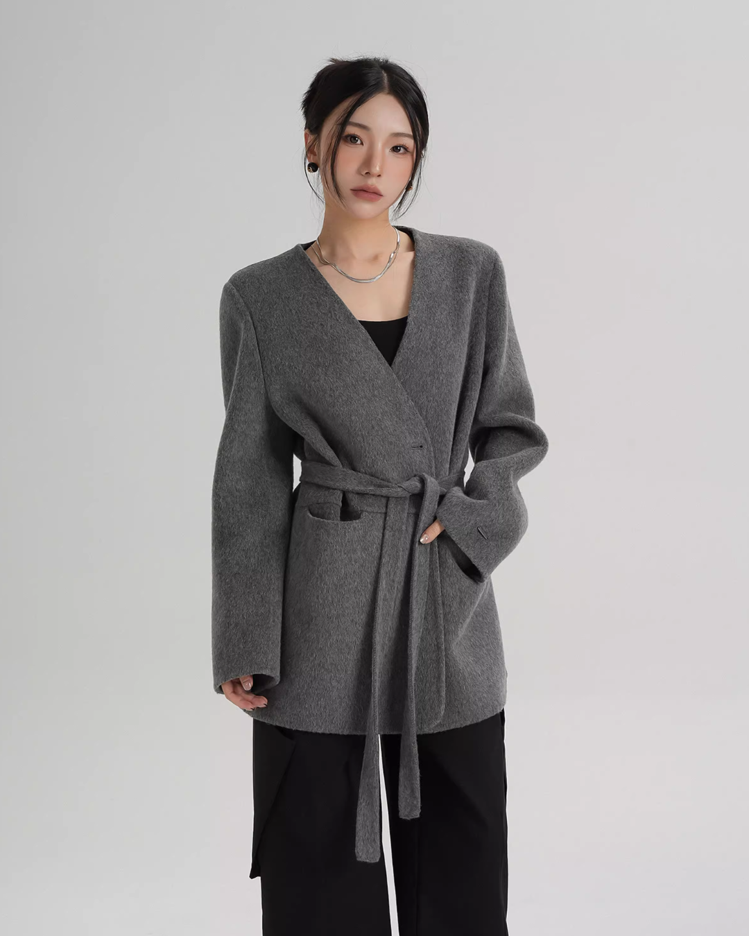 Collarless Wool Coat with Choker SRS0393