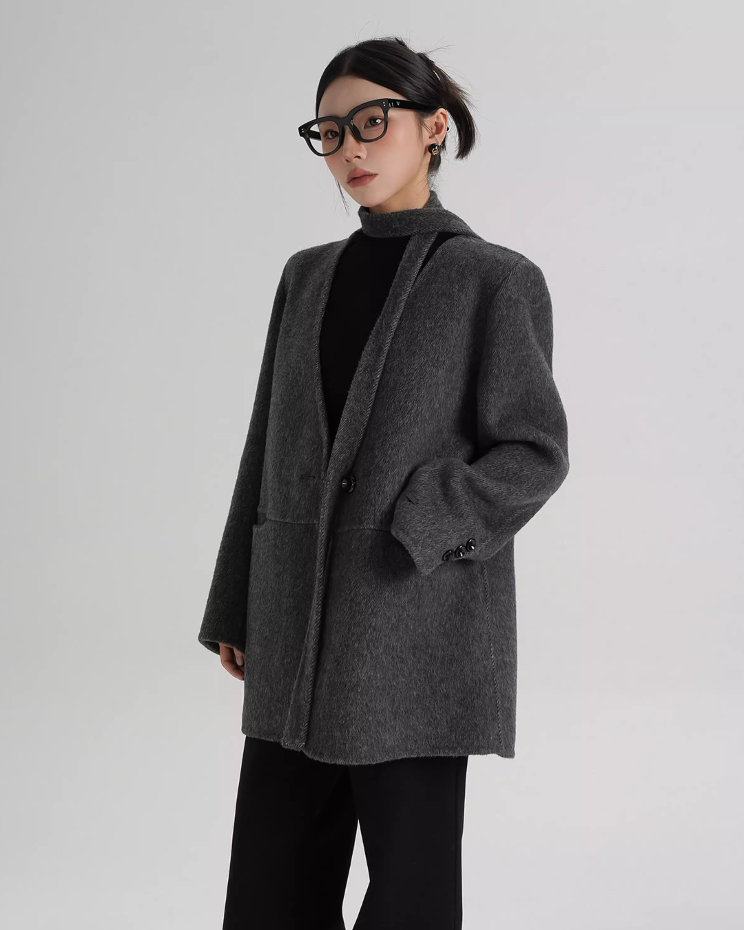 Collarless Wool Coat with Choker SRS0393