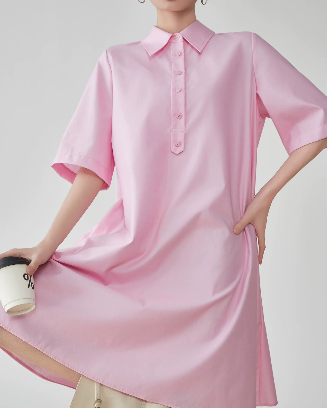 Pink Short-Sleeve Shirt Dress FER0175
