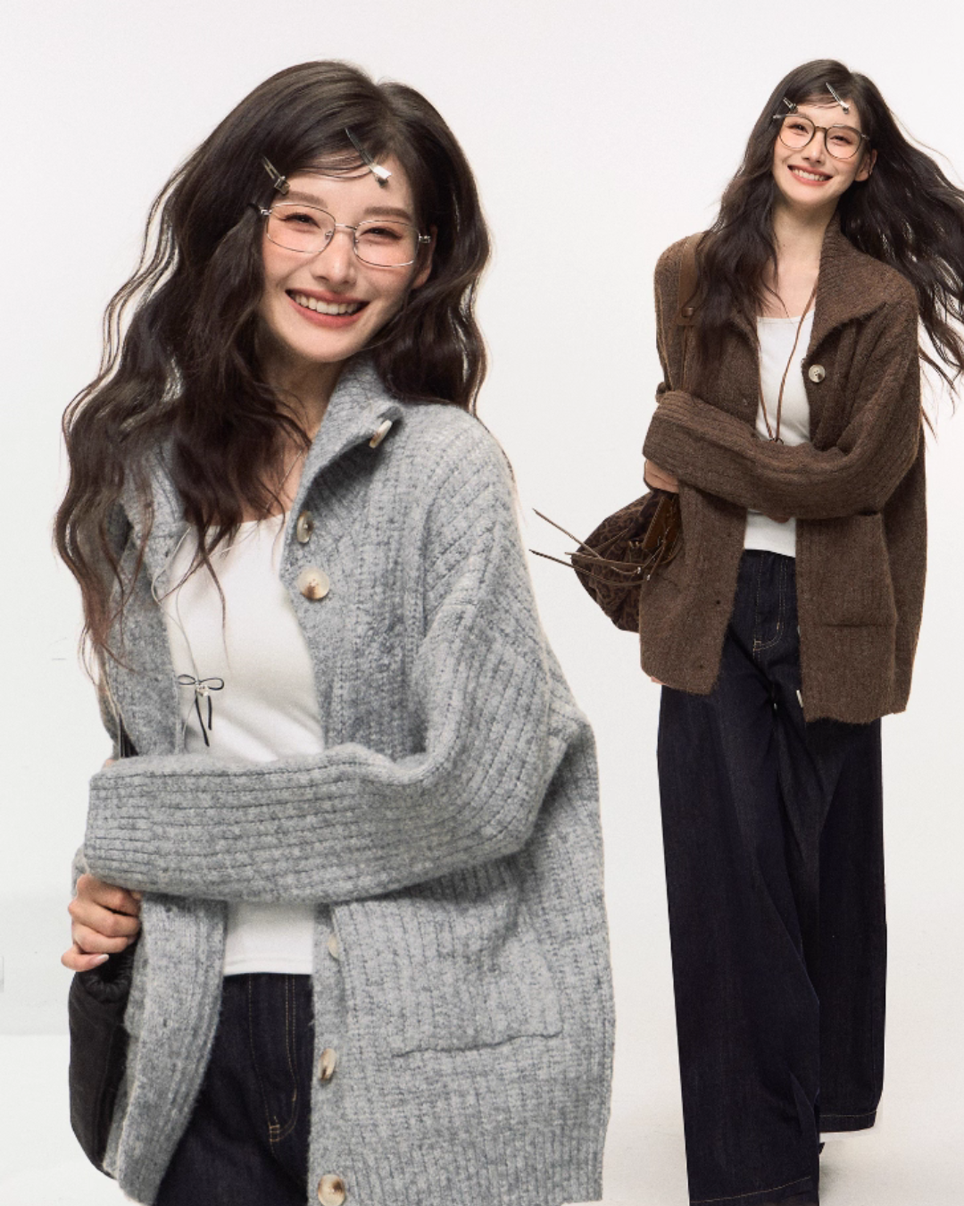 Stand Collar Knit Cardigan/Wide Denim Pants ELS0015