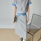 Blue Color-Block Ribbed Zip Top / Long Skirt FER0312