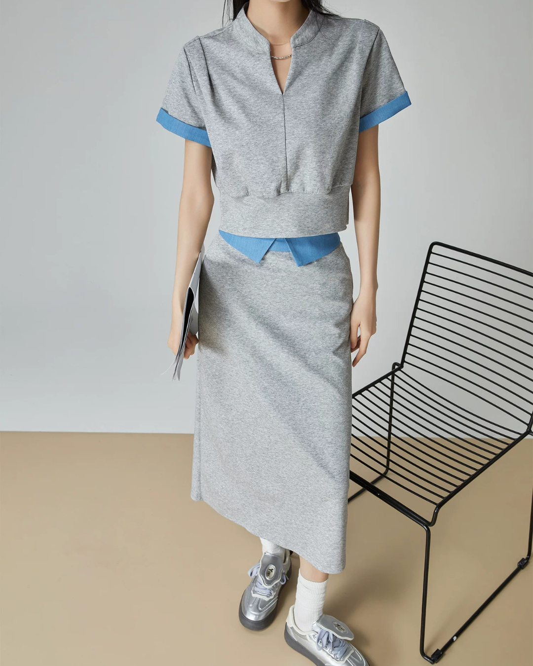 Blue Color-Block Ribbed Zip Top / Long Skirt FER0312