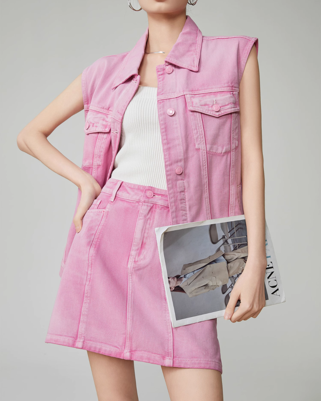 Rose Pink Denim Vest / Mini Skirt FER0011