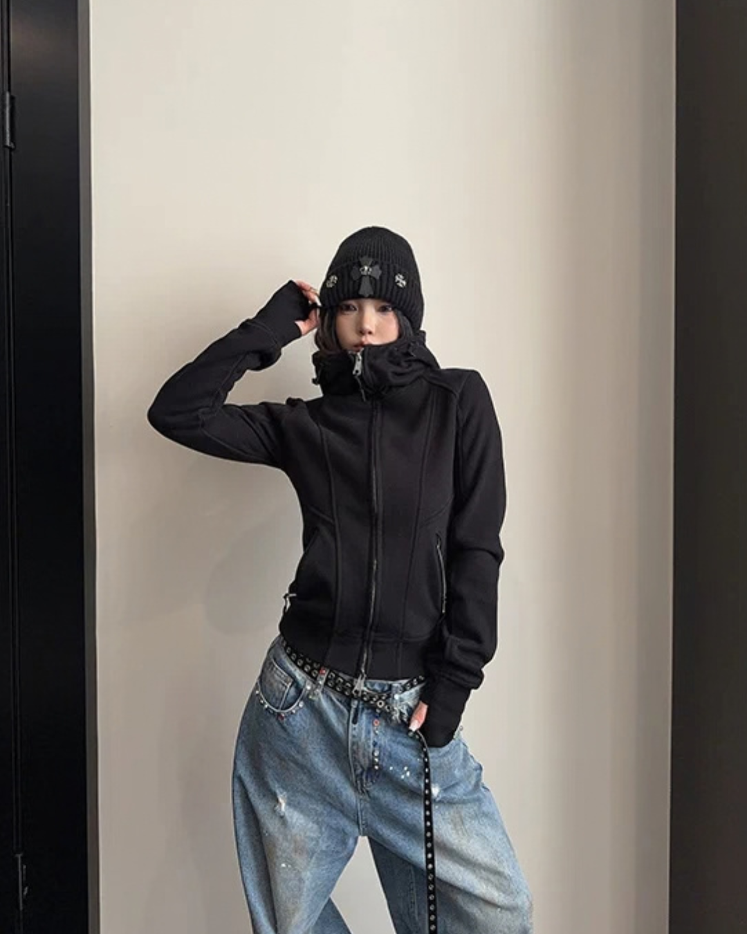 High-Neck Hooded Zip-Up Hoodie YLS1057