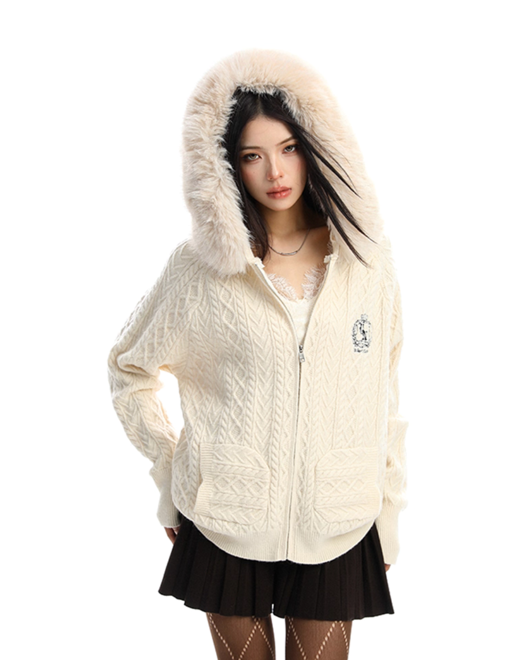 Fur Hood Cable Knit Top BGS0034