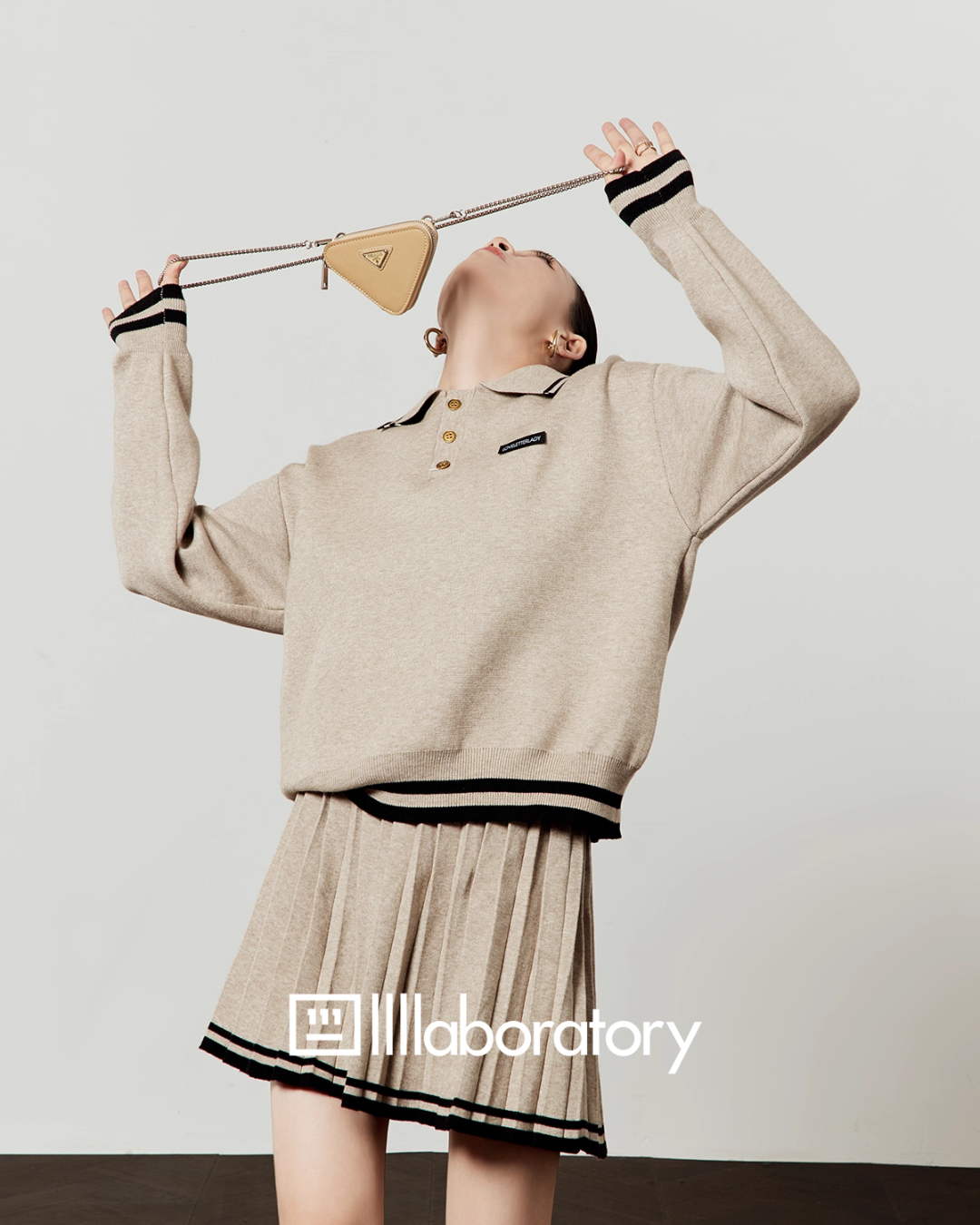 Cream Beige Knit Top / Pleated Skirt LLA0544