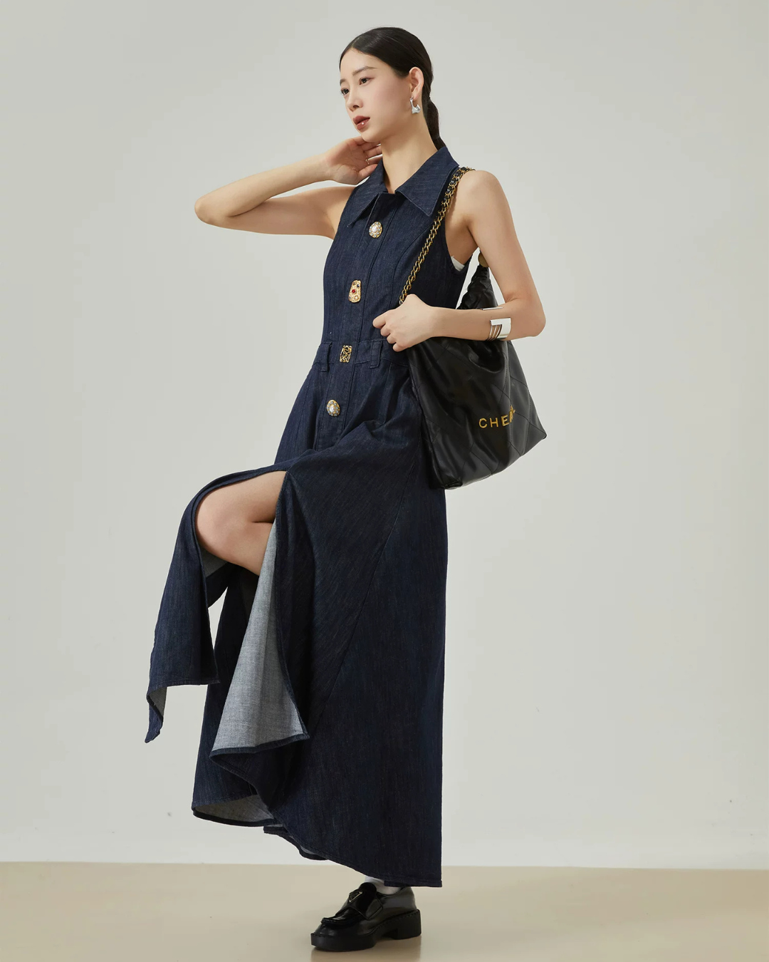 Gold Button Denim Sleeveless Dress FER0132