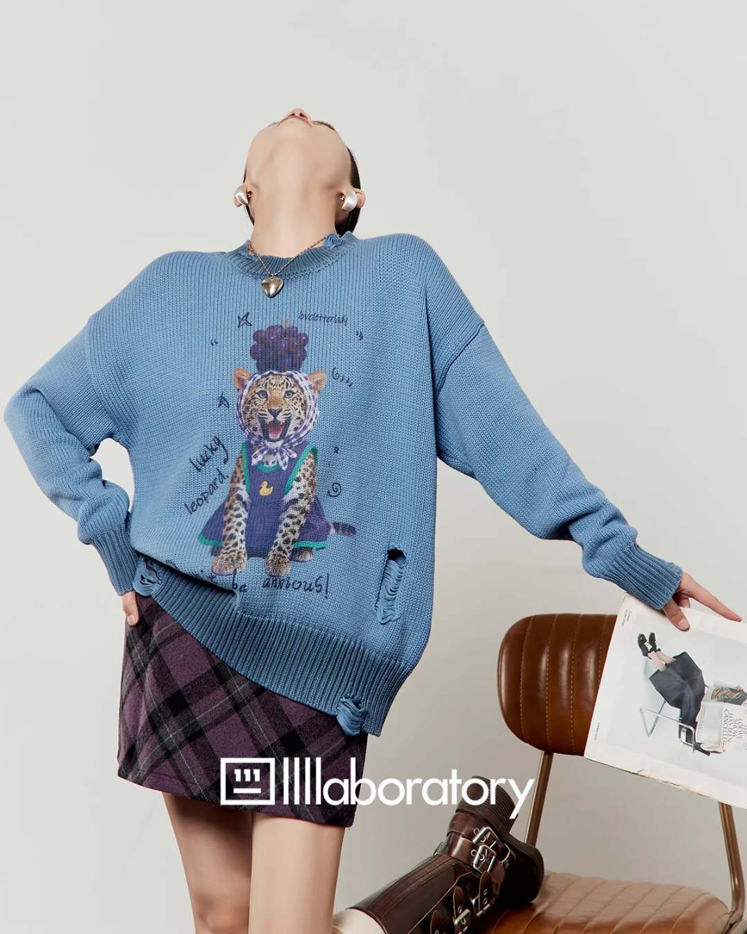 Cute Tiger Print Knit / Plaid Mini Skirt LLA0636
