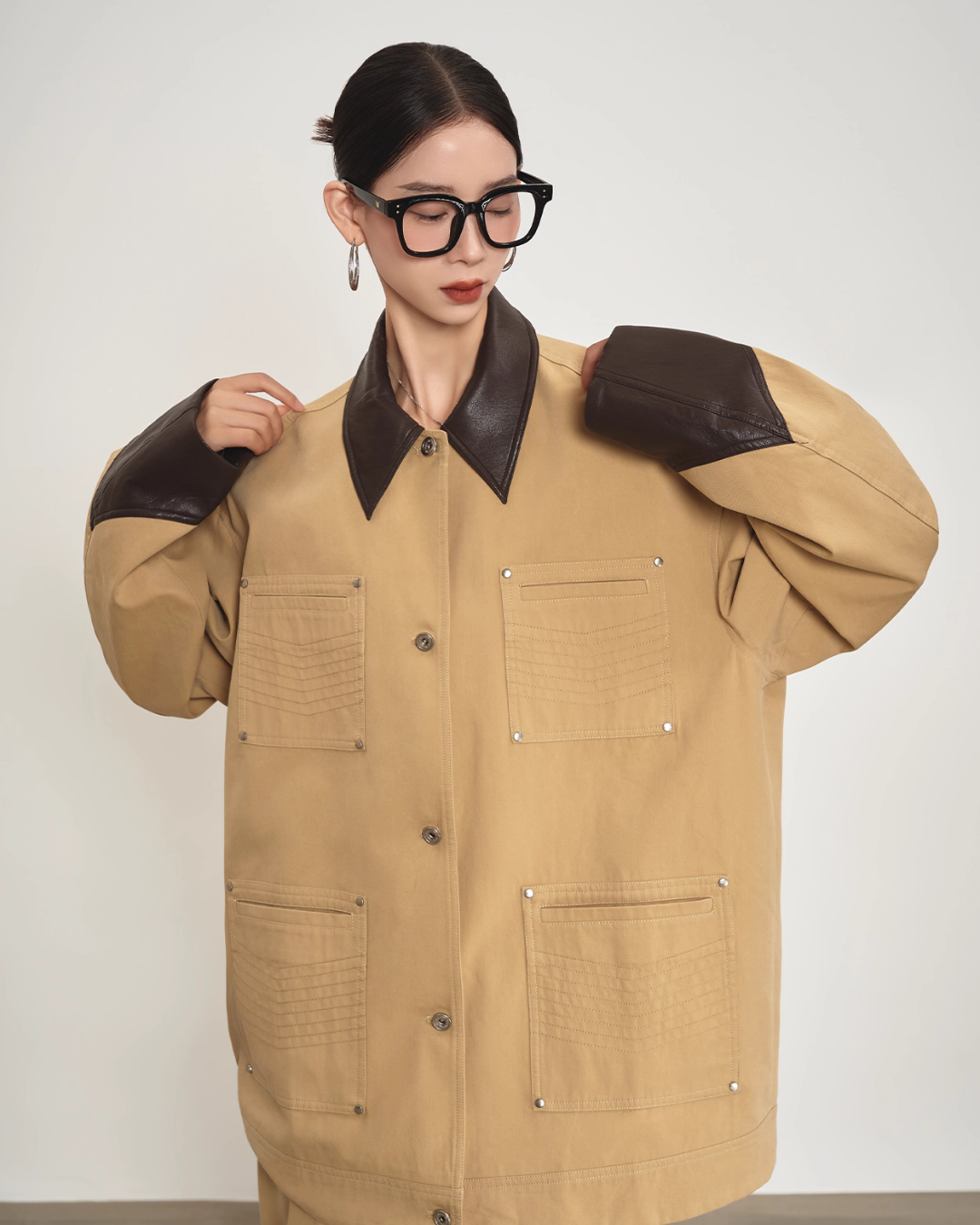 Leather Collar Pocket Shirt / Wide Pants SUY0016