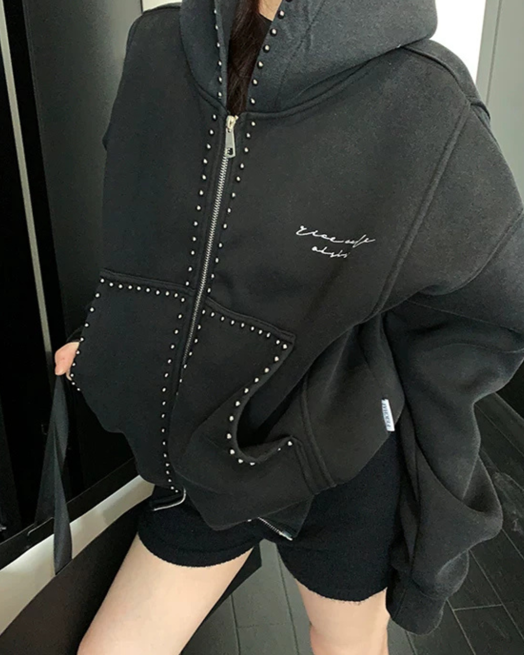 Studded Design Hooded Zip Jacket YLS1033