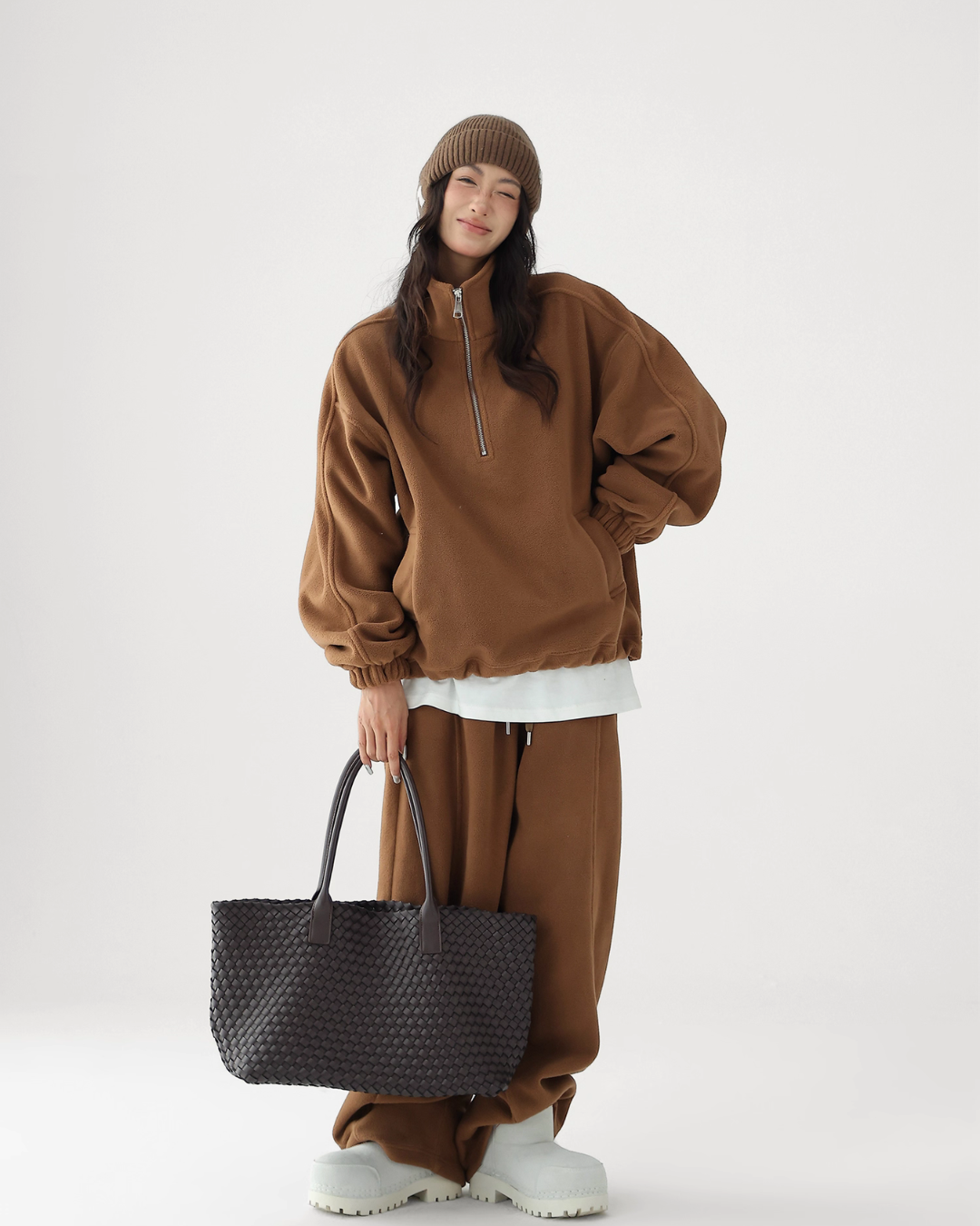 Half-Zip Stand Collar Fleece Top / Wide-Leg Sweatpants ACS0300