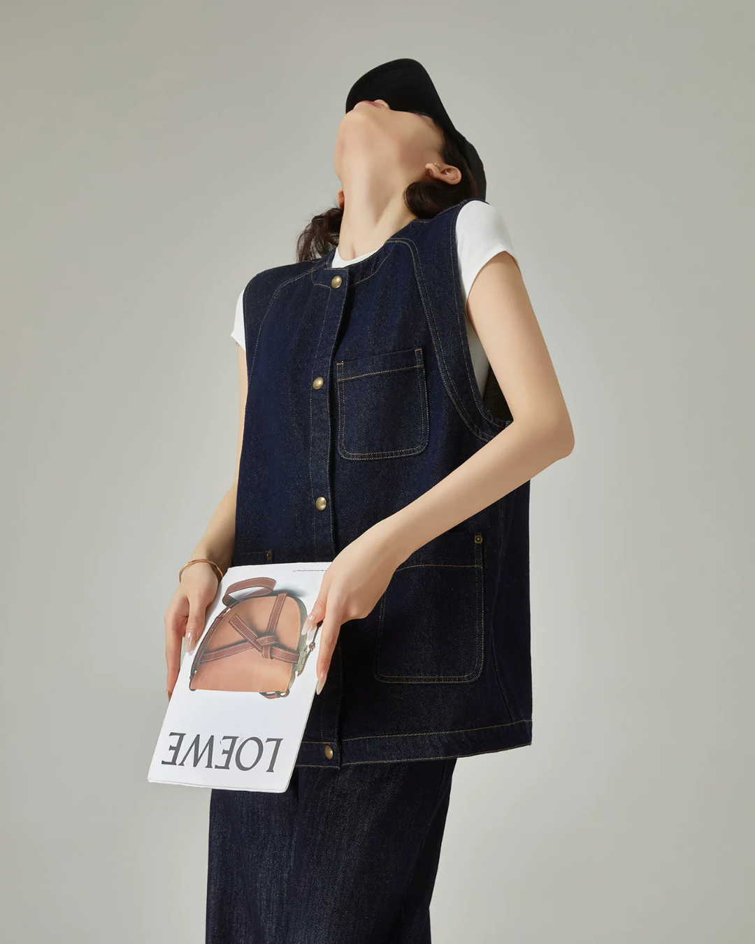 Collarless Denim Vest / Denim Wide Pants FER0144