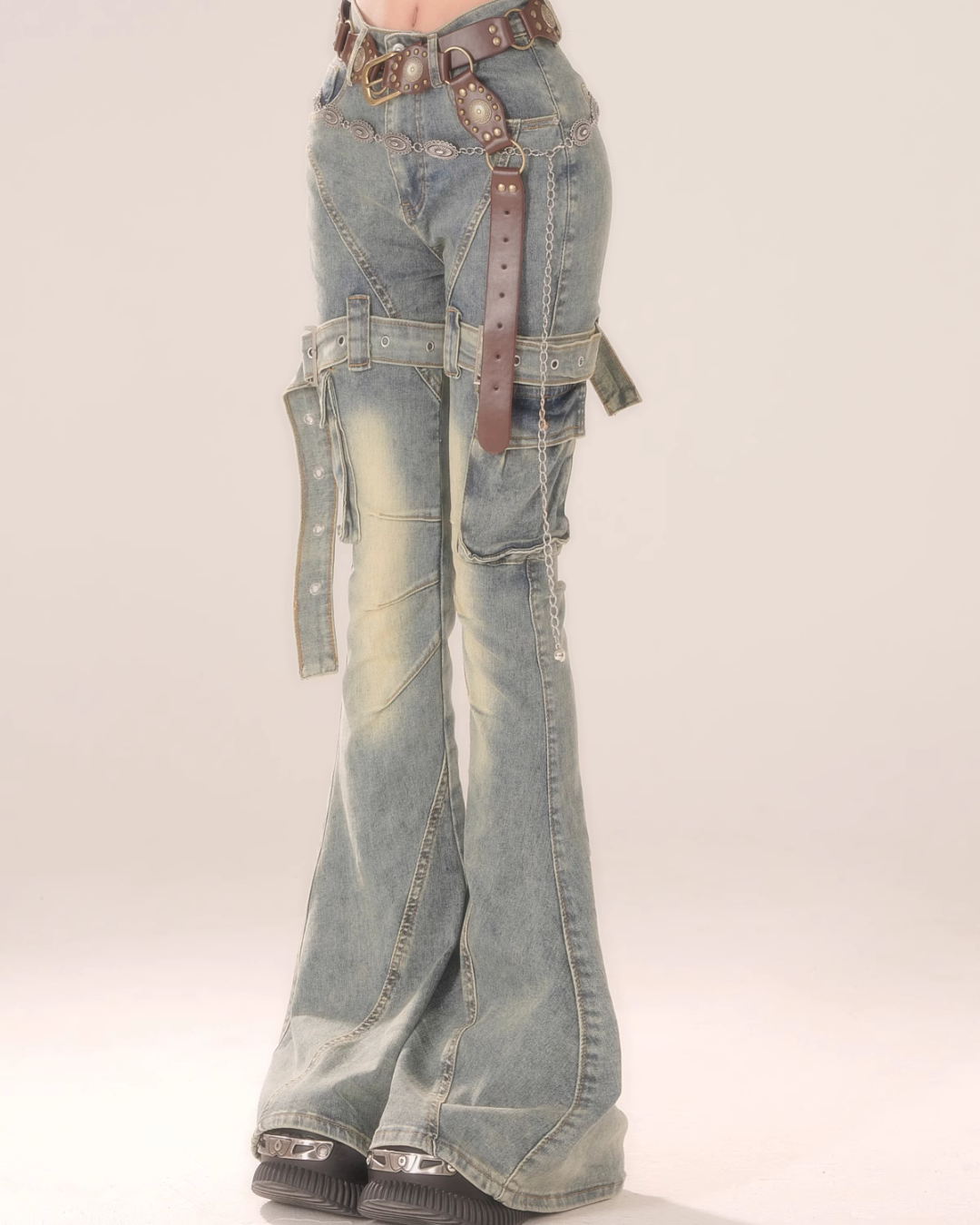 Vintage Belt Flare Denim Pants KLS0007