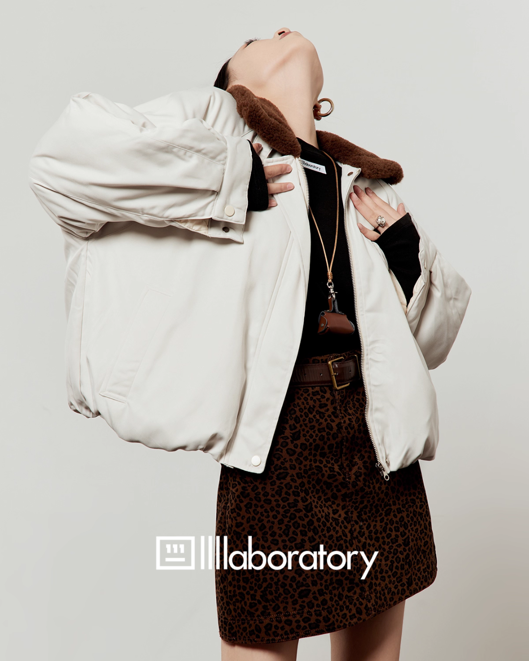 Boa Collar Round Jacket/Leopard Print Mini Skirt LLA0556