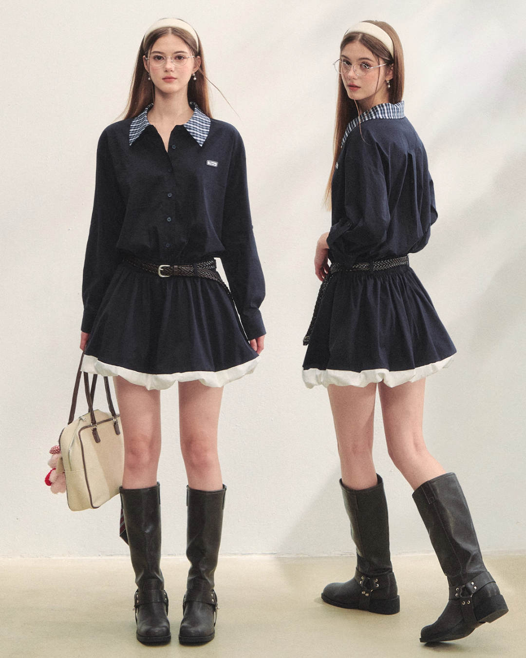 Plaid Lapel Black Dress ASG0067