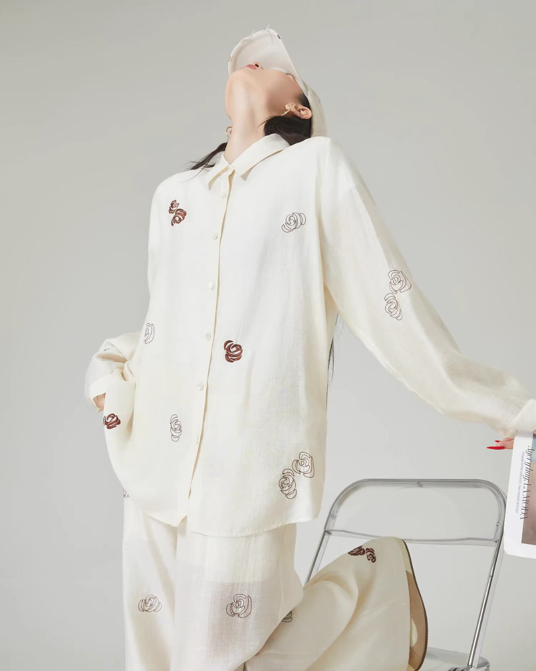 Rose Embroidered Long-Sleeve Shirt / Wide Pants FER0101