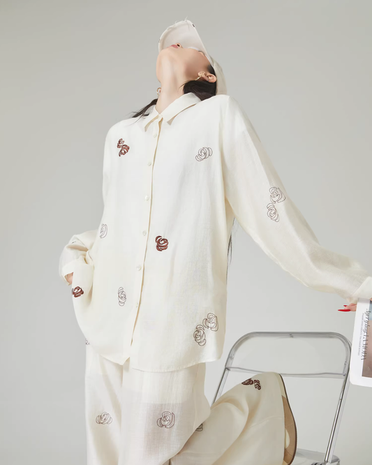Rose Embroidered Long-Sleeve Shirt / Wide Pants FER0101