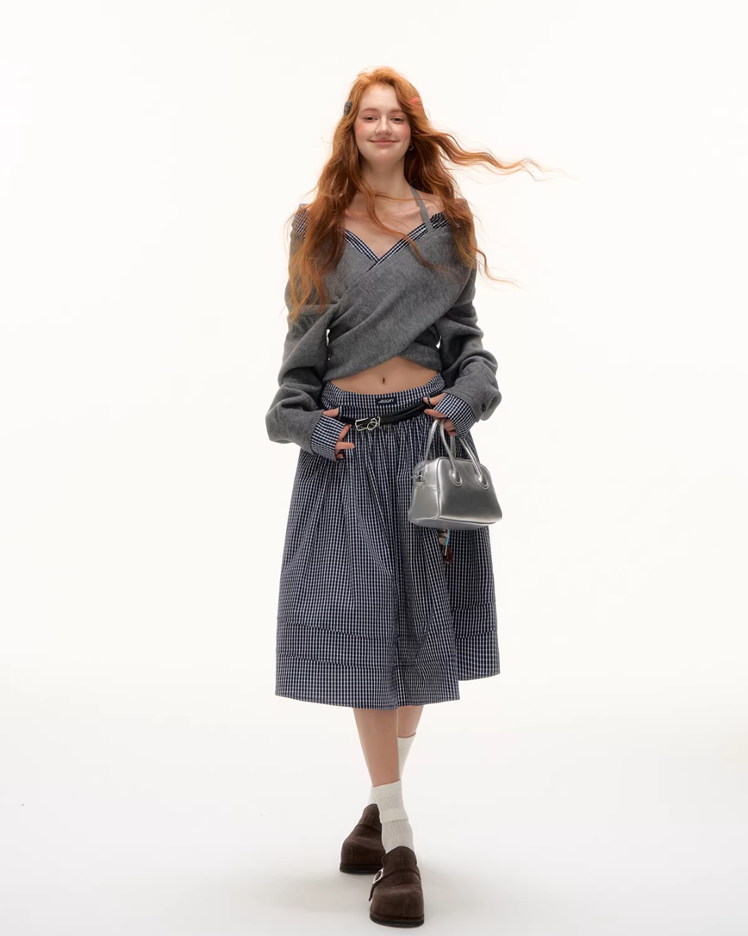 Front Wrap Knit Top/Gingham Check Skirt ASG0074