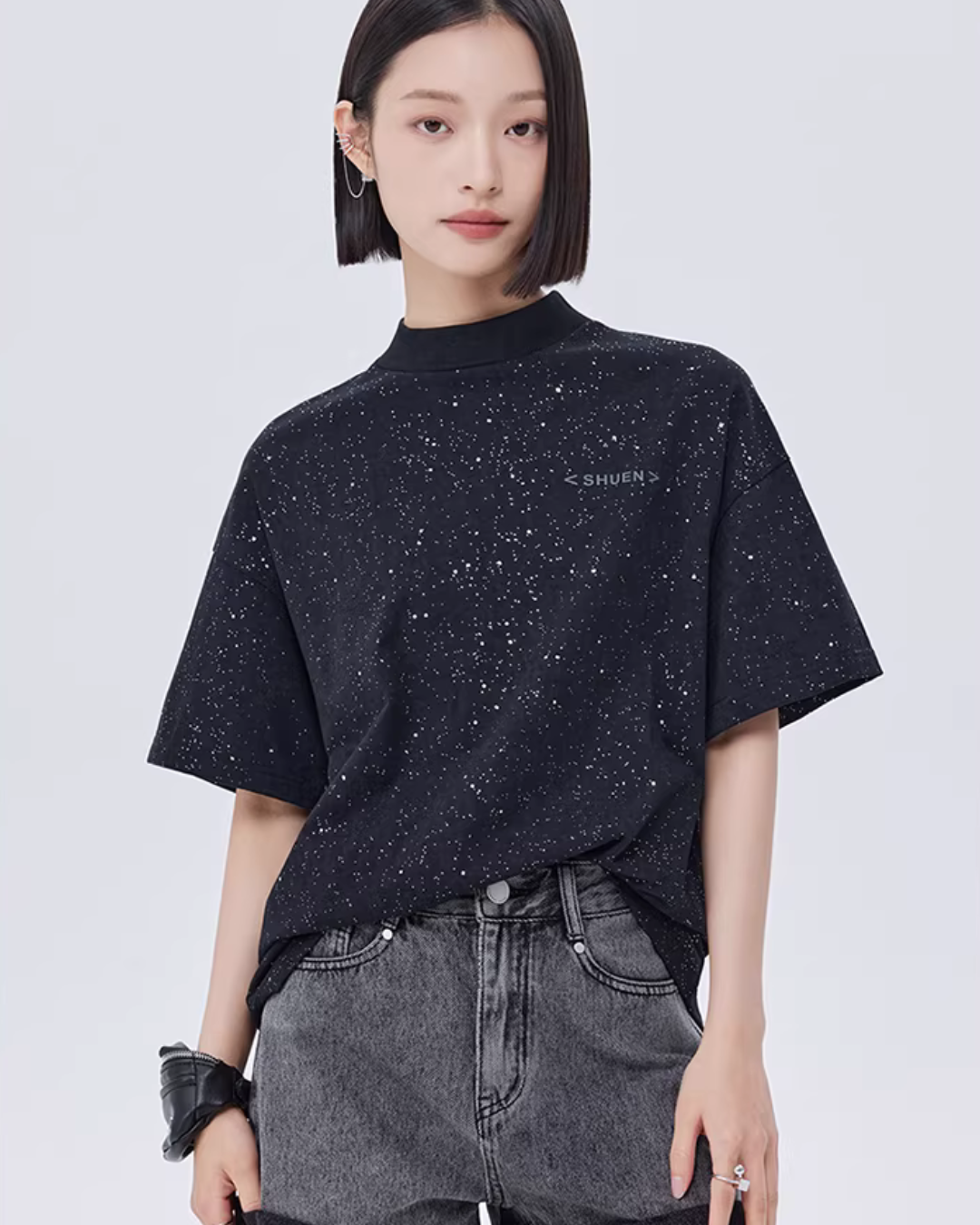 Sequin Mock Neck Short-Sleeve T-Shirt SHN0042