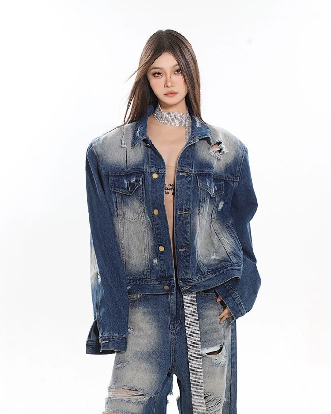 Vintage Denim Jacket & Wide Damaged Denim Pants CCS0005