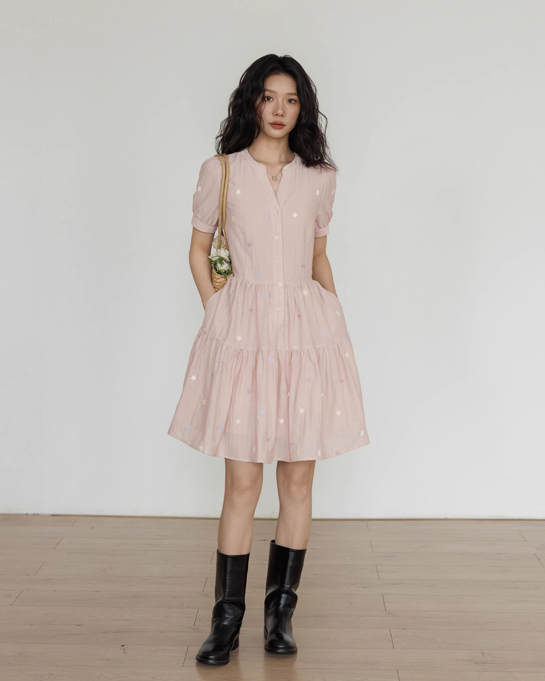 Flower Embroidery Tiered Mini Dress VAS0020