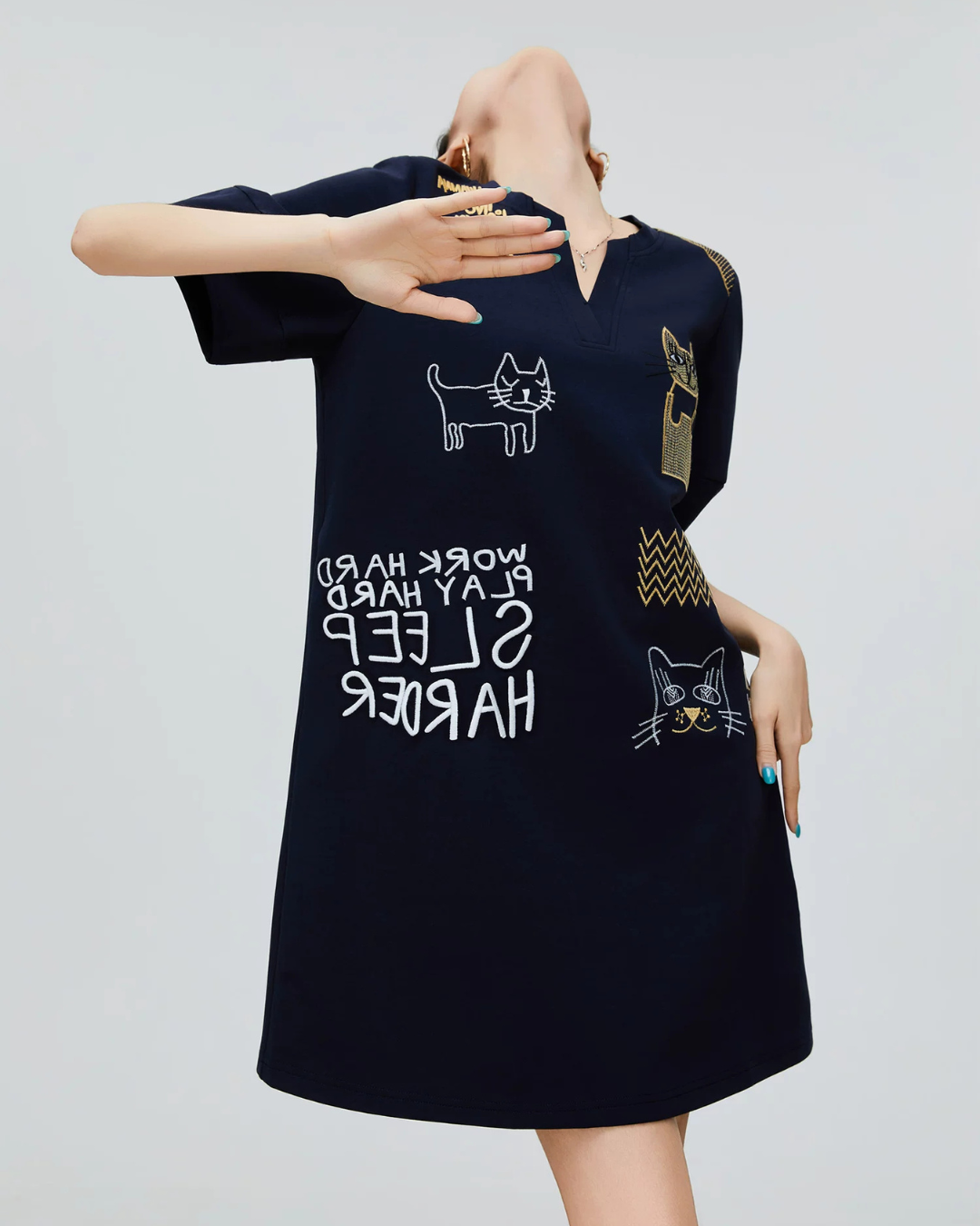 Cat Embroidery Key Neck Dress FER0221