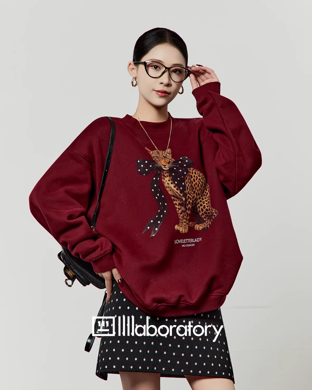 Bow Leopard Sweatshirt / Polka Dot Mini Skirt LLA0614
