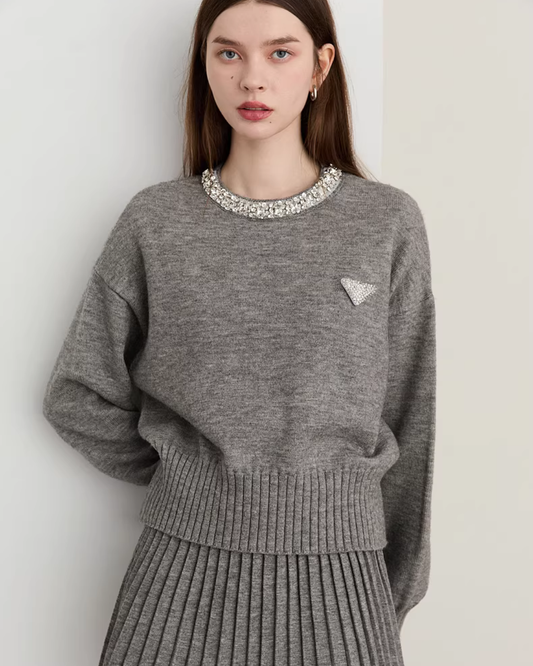 Sparkling Collar Knit Top / Knit Pleated Skirt DPY0075