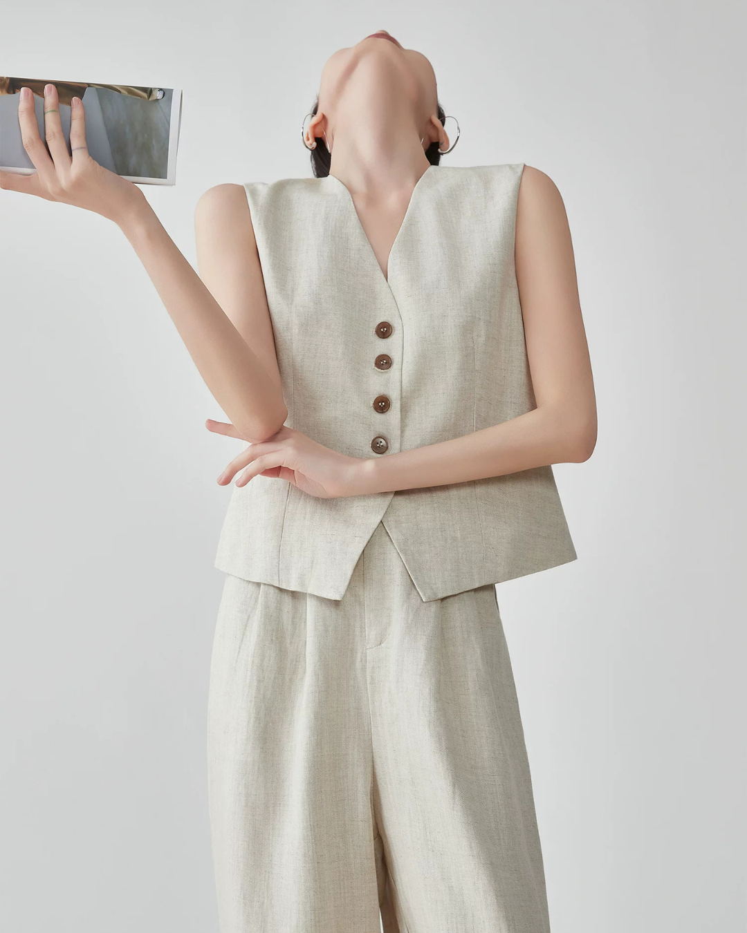 Linen V-Neck Vest / Wide Relaxed Pants FER0270