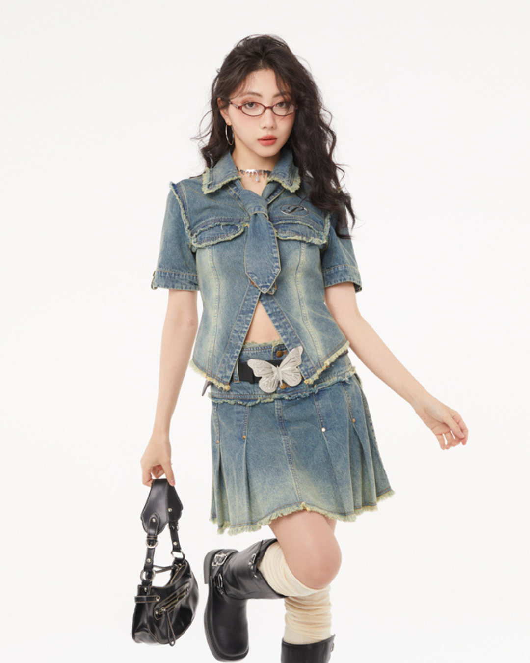 Washed Slim Denim Jacket & Denim Skirt SPY0003