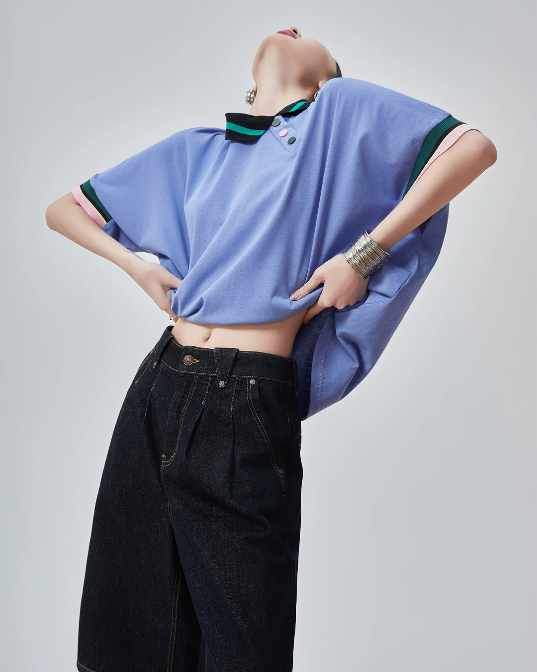 Color-Block Rib Asymmetric Neck T-shirt FER0245