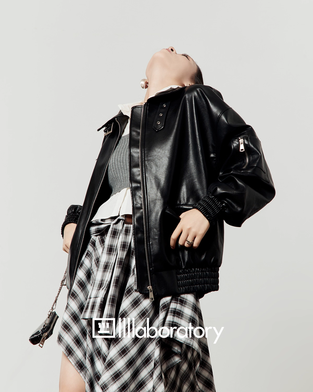 Vintage Leather Jacket / Asymmetrical Check Skirt LLA0528