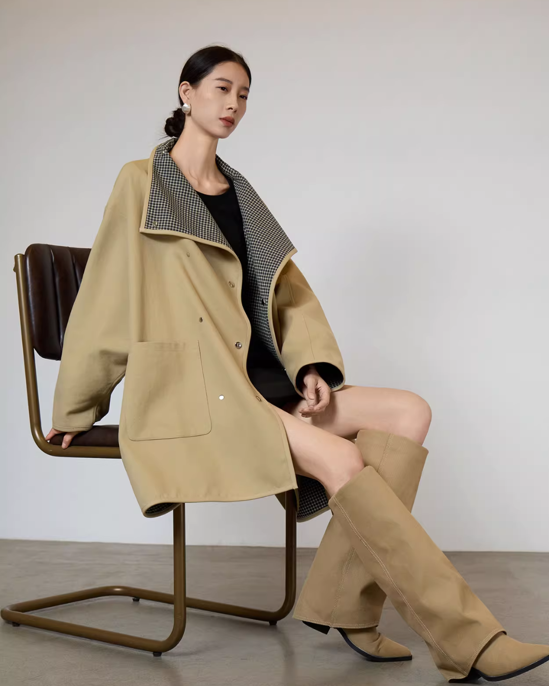 Khaki Plaid Patchwork Trench Coat  SUY0005